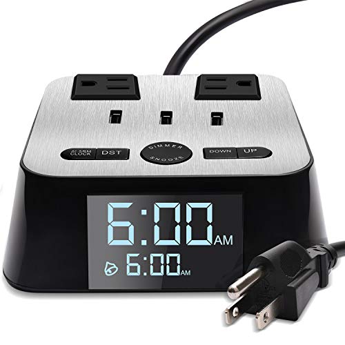 USB Alarm Clock Charger Power Strip Surge Protector 3.2A Fast Charging Station 2 Outlets 6.5ft Extension Cord for iPhone iPad Samsung Computer Laptop Home Office Travel Hotel Bedside SUPERDANNY