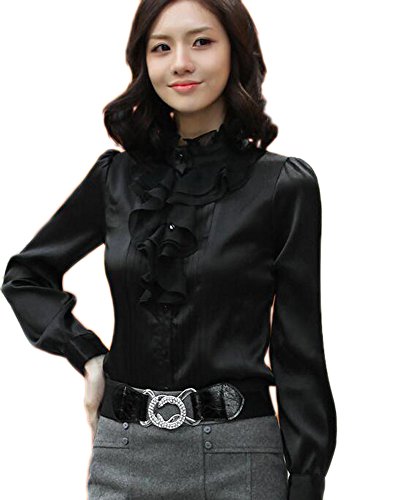 Aro Lora Women's Long Sleeve Lotus Ruffled Casual Shirt Blouse Large Black