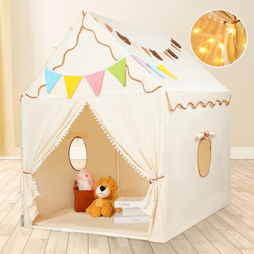 Kids Indoor Play Tent with Mat, Large Children Tent House Castle with Star Light（Without Battery） Girls Boys Play Cottage Large Size 53x51x39 inch