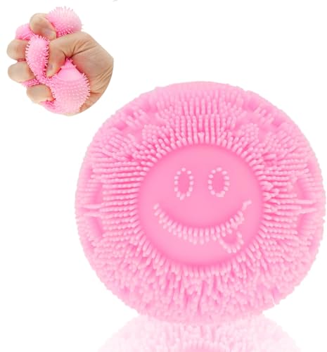 Last Page® Pink Fuzz Squishy Stress Ball - Velvet Texture and Soft Cloud Squish - Fidget Toy with Smiley Face for Anxiety Relief, Sensory Play for Kids & Adults, Perfect for Office & School