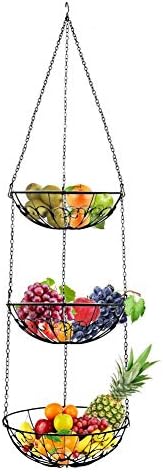 Knowled 3 Tier Fruit Basket for Hanging – 100 cm Kitchen Basket for More Space on Your Worktop – Metal Fruit Bowl – Kitchen Decorative Storage Basket (Black)