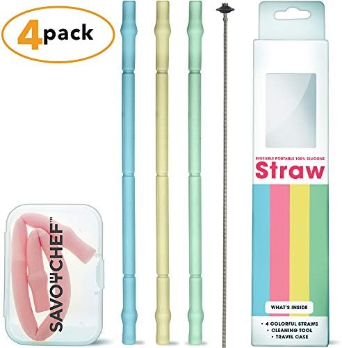 4 Reusable Silicone Straws - Collapsible and Portable Design - Includes a Travel Case and a Straw Cleaner Brush - 100% Eco-friendly Straw - Dishwasher, Freezer - Microwave Safe