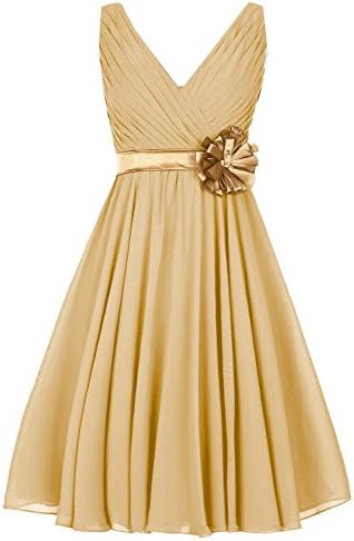 Fancygowns Women's V Neck Short Prom Dress Chiffon Bridesmaid Gowns with Flower Sash Size 10 Gold