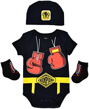 Baby Boys' Bodysuit 3 pcs Set, Boxing Champ, Black, 12M