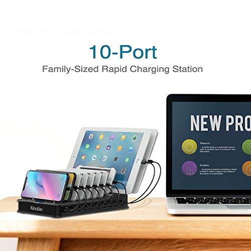 Kavalan 10 Port USB Charging Station Dock & Organizer, Universal Desktop Tablet & Smartphone Multi-Device 10 Port USB Charger Hub with Auto Detect Smart Rapid Charg (10 Port+65W/Support 10iPad/Black)
