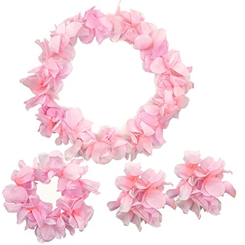 Arlai Hawaiian Luau Flower Leis - Jumbo Necklace, Bracelets, Headband Set (Pink) - Thumbnail 4