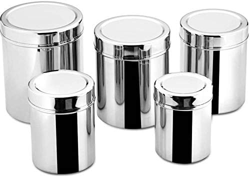 LIMETRO STEEL Set of 5 Stainless Steel Mirror Finish Multi Purpose Unbreakable Canister - 500, 750, 1000, 1250, 1500 Steel Grocery Container, Fridge Container, Spice Container