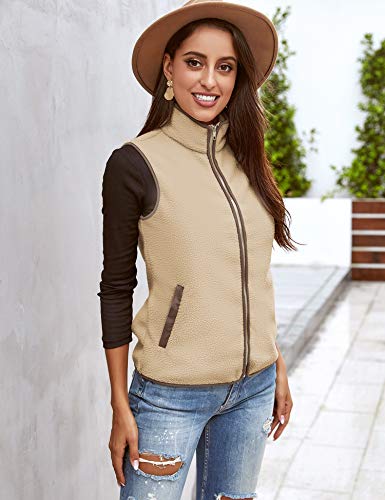 Sherpa Jacket Vest Open Front Fuzzy Fleece Fall Lady Outwear Classic Zip Up Sherpa Fleece Vest Fuzzy Jacket Khaki M