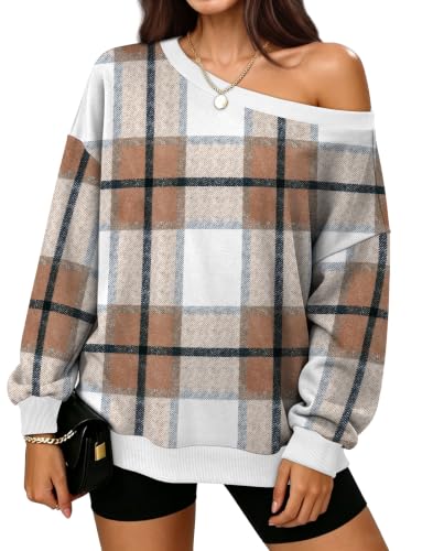 OFEEFAN Oversized Sweatshirt for Women Off The Shoulder Tops Long Sleeve Shirts Lightweight Fall Fashion Winter Clothing Y2kKhaki Plaid 2XL at Amazon
