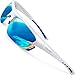 SIPLION Men's Polarized Sunglasses Sports Glasses for Cycling Fishing Golf TR90 Superlight Frame (White Frame/Blue Mirrored Lens, As the picture)