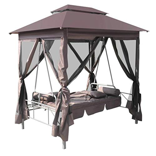 AyaMastro 86.6" L Coffee Outdoor Sun Shade Gazebo Swing Chair Canopy Patio Bed Bench w/Curtain & Pillow with Ebook