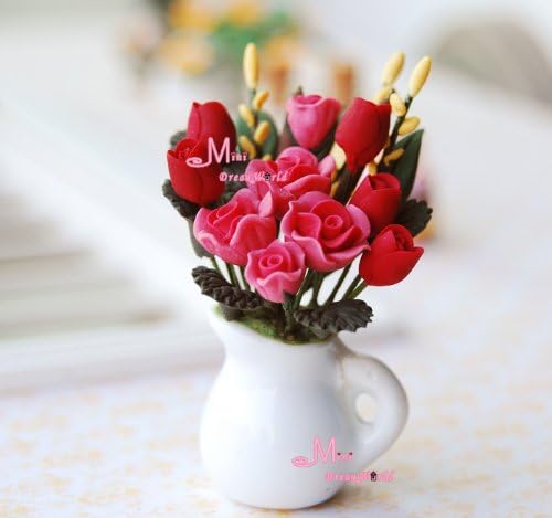 RED Rose w/ White Porcelain Vase Flower Clay Plant Dollhouse Miniature Op31B