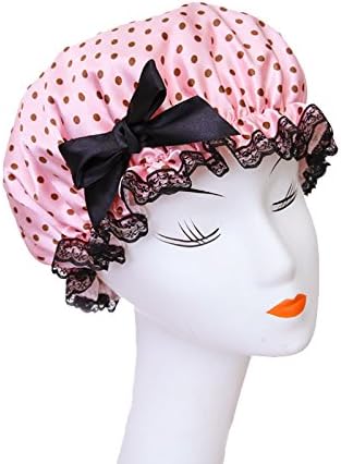 Lvge Korean Microfiber Butterfly Lace Elastic Reusable Waterproof Bath Cap Pink Polka Dots