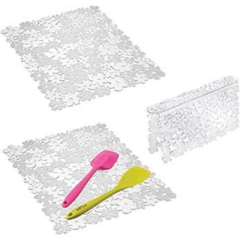 mDesign Decorative Kitchen Plastic Sink Protector Floor Mats, Quick Draining - Protect Drain Dishes - Fun Floral Design - Includes Sink Saddle and 2 Large Sink Mats - Set of 3 - Clear