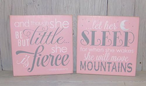 Though She Be But Little and Let Her Sleep Painted Wood Signs (set of 2) for Girls Pink and Grey Nursery Decor