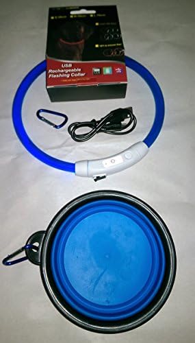PetRite Travel Kit New USB Rechargeable LED Adjustable Dog Collar Collapsible Dog Bowl and 2 Key Rings Clip (Blue)