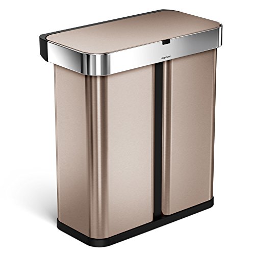 simplehuman 58 Liter / 15.3 Gallon Stainless Steel Touch-Free Dual Compartment Rectangular Kitchen Trash Can Recycler with Voice and Motion Sensor, Activated, Rose Gold