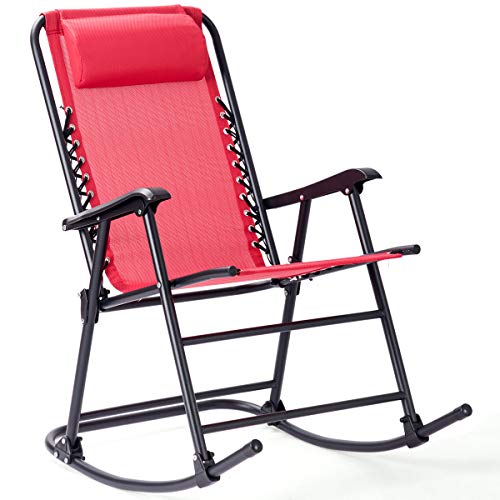 Goplus Folding Rocking Chair Recliner w/Headrest Patio Pool Yard Outdoor Portable Zero Gravity Chair for Camping Fishing Beach (Red)