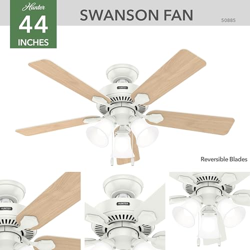 Hunter 44 inch Indoor Ceiling Fan with LED Lights - White Ceiling Fan with Pull Chain, For Bedroom, Living Room, or Kitchen, Standard Mount, No Remote, 5 Blades - Swanson 50885, Fresh White - View 4