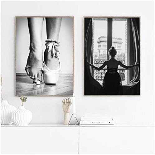 Black and White Window Girl Ballerina Posters Print Ballet Dancer Canvas Painting Wall Art Picture Room Nordic Prints -50x70cm No Frame