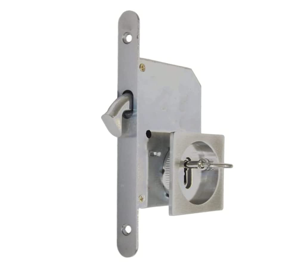 bricoleva.it Square Sliding Door Lock Set with Key, Handle with Lock for Sliding Door (Chrome Satin)