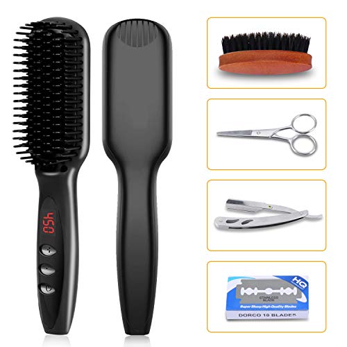 Beard Straightener for Men, Kuyang 4 in 1 Beard Grooming Kit for Men, Anti-Scald Ceramic Heated Beard Brush, 12 Temperatures Settings with Digital Display, Hair Straightener Brush for Women - Thumbnail 7
