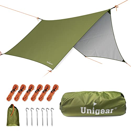 Unigear Hexagon Camping Tarp Waterproof Hammock Rain Fly 12x10-15x14FT | Lightweight compact tent tarp for backpacking, hiking, travel and hammock camping; versatile outdoor rain shelter