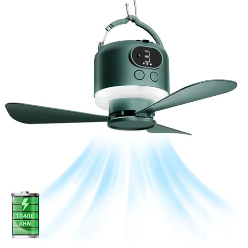 geonfi Wireless Portable Ceiling Fan with Remote, 3-Blade Design, 10040mAh Battery Operated, USB Rechargeable Hanging Fan with Hook for Tent, Camping, Outdoor, Emergency Use(Green)