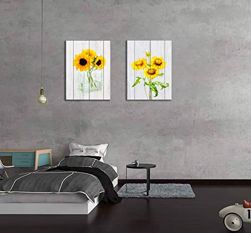 Yellow Flower Wall Decor for Living Room 12×16 Inches 2 Panels Framed Sunflowers Canvas Wall Art Golden Floral Prints Artwork Botanical Grey Wood Bedroom Wall Decoration Painting Decorative Beige Wall Picture