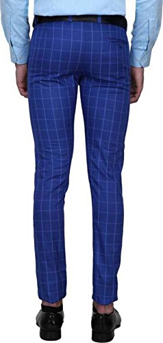 one click men's slim fit blue check formal trousers