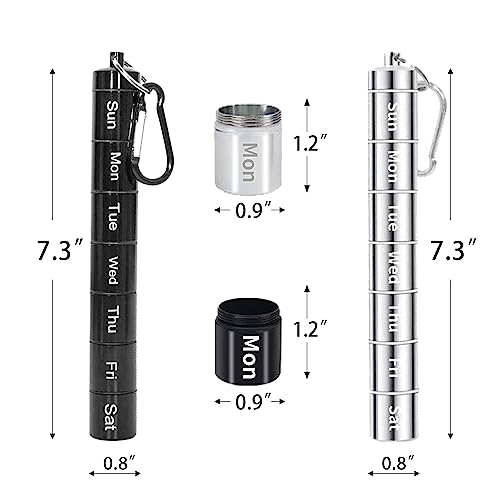 Metal Pill Holder, 2 Pack Small Portable Pill Container Travel Pill Box Waterproof Metal Pill Organizer Weekly for Travel (Black and Silver)