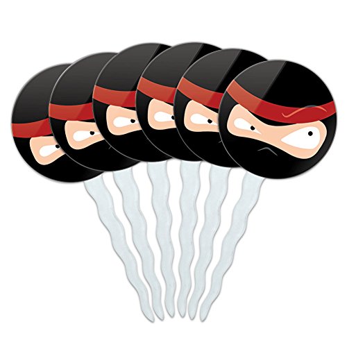 Set of 6 Cupcake Picks Toppers Decoration Funny Nerdy Mustache - Ninja Face Head