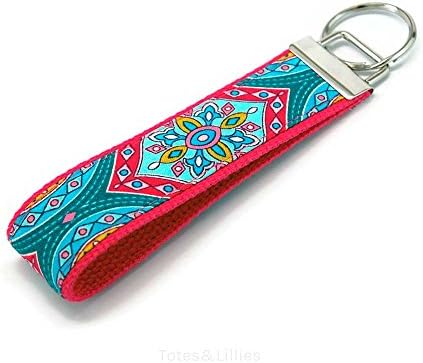 Medallion Flower Keychain Cute Blue and Pink Fabric Key Fob Free Shipping
