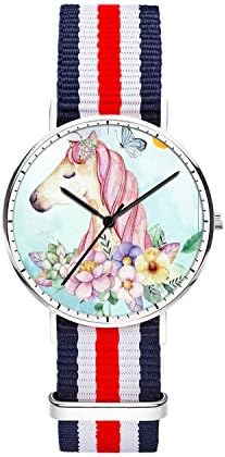 Men's women's Stainless Steel Silver Classic Quartz Unicorn Painting Watch Nylon Replaceable Multi-Color Striped Nylon Band, Under 20 Dollar Amout
