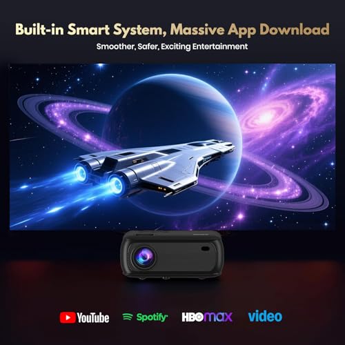 2026Mini Projector 4K Compatible with Netflix App, Lower Noise 1080p Daylight Compatible Projector & HDR, Premium Speaker, WiFi 6, BT5.2, Home Cinema Projector for Bedroom, Garden, Black