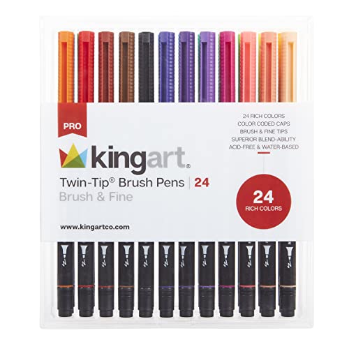 KINGART PRO Dual TwinTip Brush Pens, Set of 24 Unique & Vivid Colors