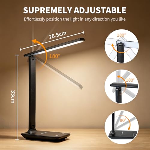 YAMYONE Lámpara de Escritorio LED con Puerto USB, Control Táctil, Luz Protectora Ocular, 5 Modos de Color y 5 Niveles de Brillo, Ideal para Dormitorio, Estudio y Mesita de Noche (Negro)