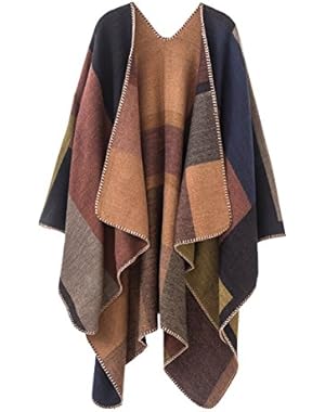 Women's Color Block Shawl Wrap Open Front Poncho Cape