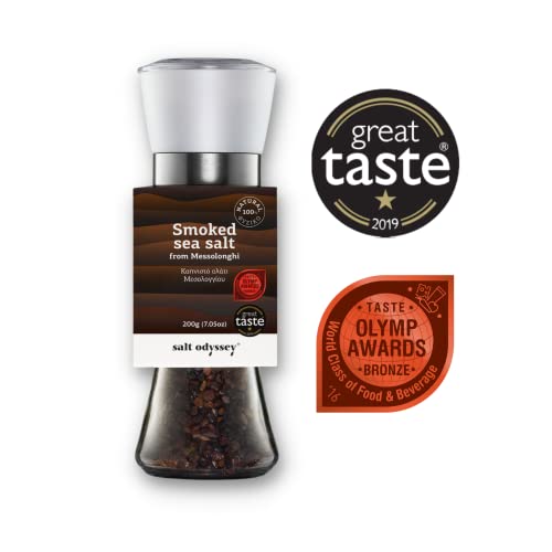 SALT ODYSSEY GRINDER SALT, PURE SEA SALT FOR SEASONING MEAT, FISH AND CHICKEN, 100% NATURAL SEA SALT FROM GREECE, GOURMET NATURALLY SMOKED SEA SALT MILL GRINDER (7.05 OZ.)