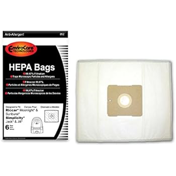 EnviroCare Replacement HEPA Filtration Vacuum Cleaner Dust Bags for Riccar Moonlight and Sunburst. Simplicity Jack and Jill Canisters 6 pack