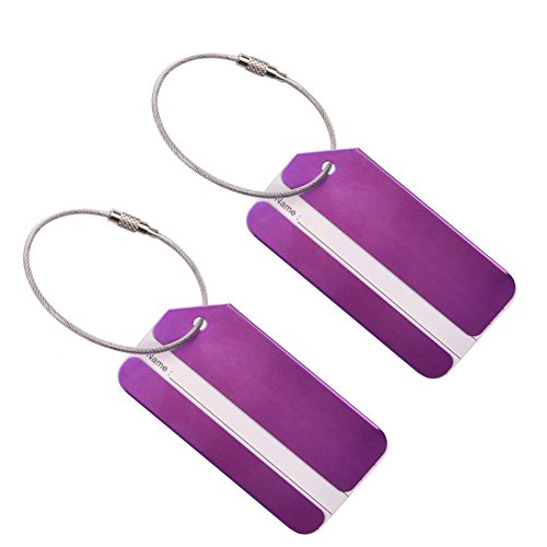 Set of 2 Aluminum Metal Travel Suitcase Luggage Identifier Tags Labels Bag ID Name Address Holder Tag Label with Screw Chain, Purple