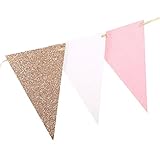 Ling's moment 10 Feet Vintage Double Sided Glitter Triangle Flag Bunting Pennant Banner for Wedding Christmas New Year Eve Party Decor, Upgrade Glitter Version, Gold+White+Pink 15 Flags, Pack of 1