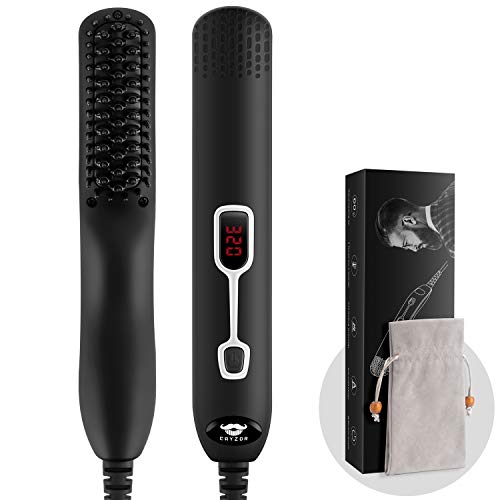 Cayzor Beard Straightener Comb for Men – Upgraded Professional Electric Mens Beard Straightening Heated Brush Portable Anti-scald 5 Adjustable Temperatures & LCD Display with Carrying Bag