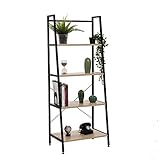 Bestier Vintage Ladder Shelf 4 Tier Bookshelf Metal and Wood Bookcase Home Office Storage Rack Display Shelf P2 Wood(Oak)