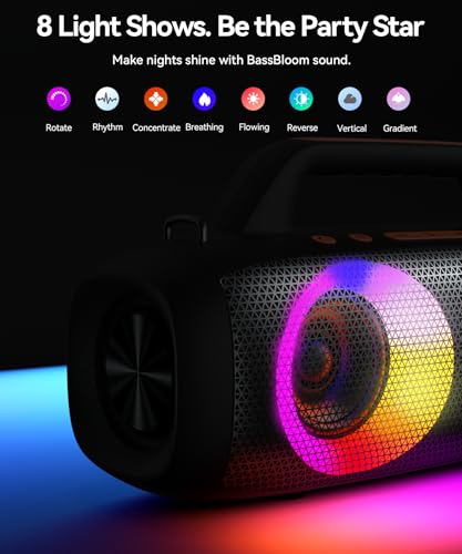 BassBloom Roar 1 Portable Bluetooth Speaker, 60W Powerful Sound with JIKE Bass, IPX6 Waterproof, 24H Playtime, Bluetooth 5.4, TWS Pairing, RGB Party Lights, for Travel Outdoor Camping and Beach