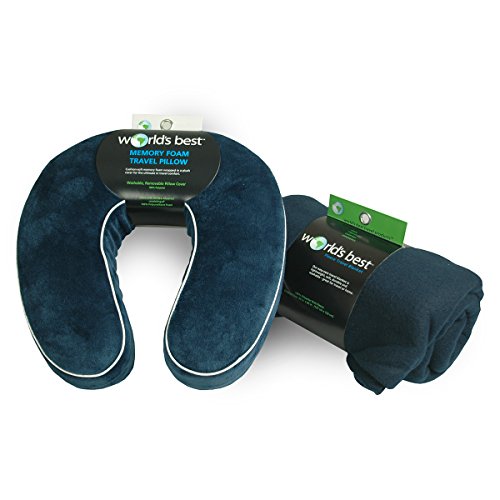 World's Best Pillow and Blanket Travel Pack, Memory Foam Neck Pillow and Microfleece Blanket, Navy