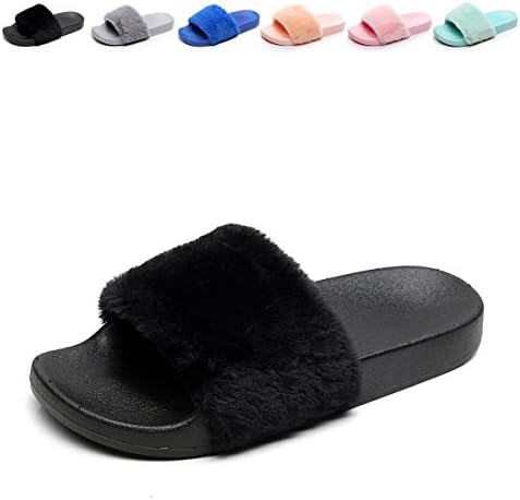 HAVINA Women's Faux Fur Slippers Soft Slide Flat Flip Flops