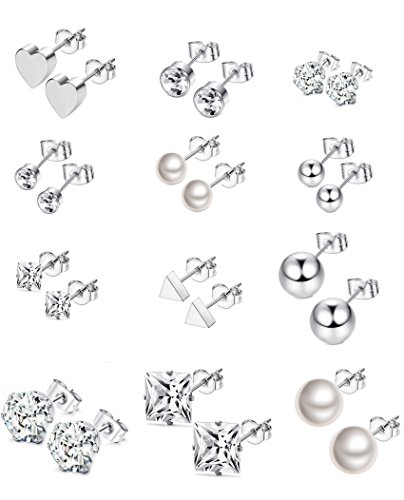 Thunaraz 12Pairs Surgical Steel Stud Earring Set Earring Ball Triangle Heart CZ Earring - Thumbnail 4