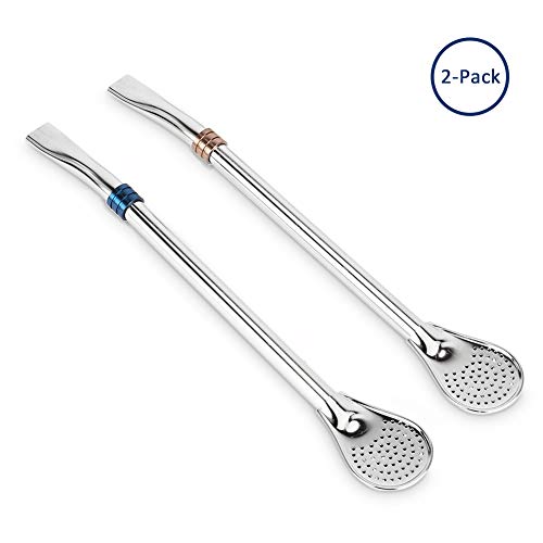 Reusable Drinking Spoon with Straws Stirrer, Echeer 2 Pack Color Assorted Stainless Steel Anti-Scratching Metal Straws Straws Stirrer for Coffee, Tea, Juice, Smoothies