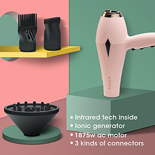Tik&co Professional Salon Hair Dryer Infrared Blow Dryer 1875w Rubber Painting with Premium Soft Touch Body TK055(Pink)